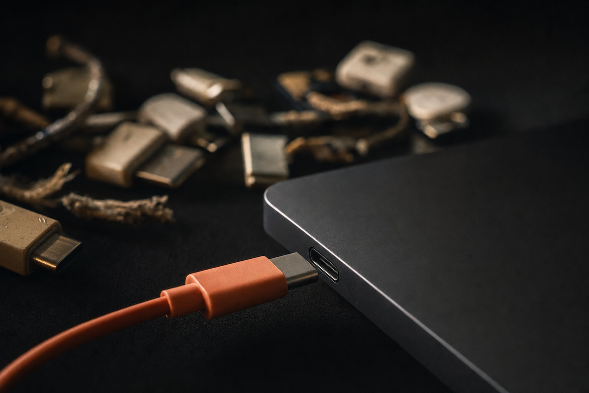 하나의 매끈한 USB-C형 커넥터가 어두운 기기의 범용 포트에 꽂히는 매크로 클로즈업. 뒤편에는 제각각인 구형 어댑터와 엉킨 케이블이 흐릿하게 버려져 있어, 여러 개별 어댑터를 하나의 표준으로 통일하는 MCP를 은유한다.