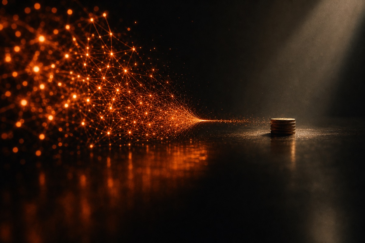 도입은 폭발적이지만 수익으로는 가늘게만 통과하는 격차를 표현한 추상 이미지. 왼쪽의 빽빽한 오렌지 빛 입자가 좁은 병목을 지나 오른쪽 작은 동전 더미로만 흐른다.